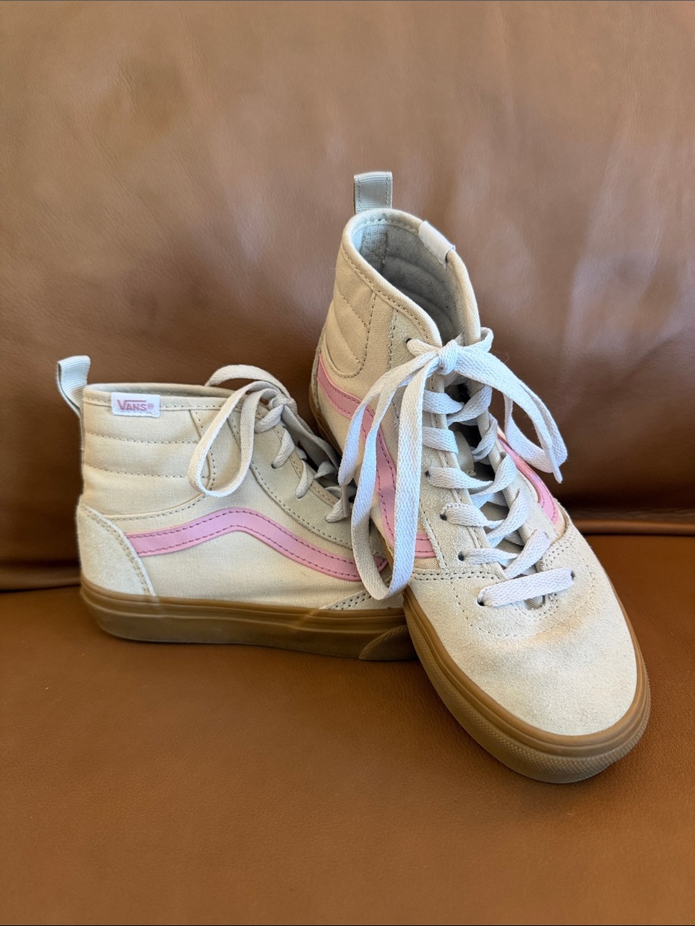 Vans High-Top Lace-Up Boots in Cream with Pink Stripe